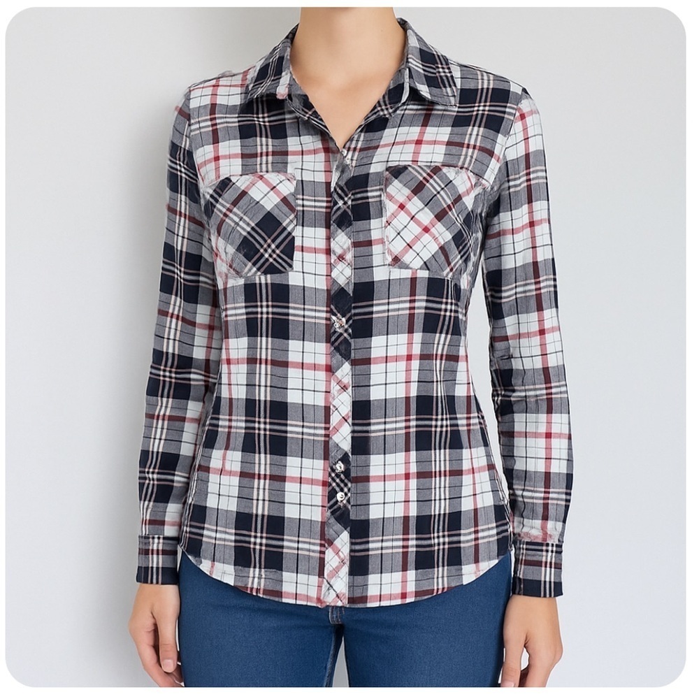 Eddie Bauer Women’s Large Red, White & Blue Plaid Button-Up Western Shirt Size L
